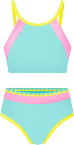 Two Piece Girls Bathing Suit Color Block Adjustable Straps Bikini Sets Girl Swimsuits Swimwear Blue Pink 7-8 Years in Kuwait