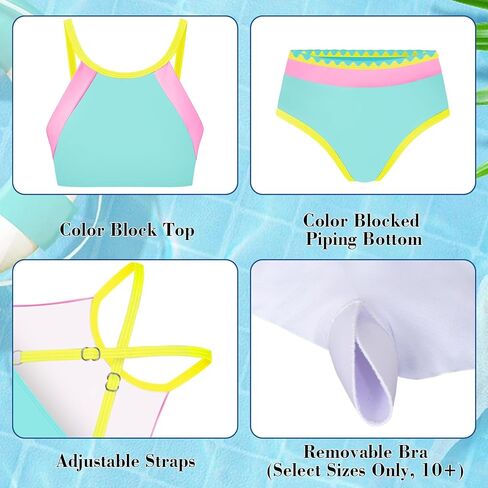 Two Piece Girls Bathing Suit Color Block Adjustable Straps Bikini Sets Girl Swimsuits Swimwear Blue Pink 7-8 Years in Kuwait
