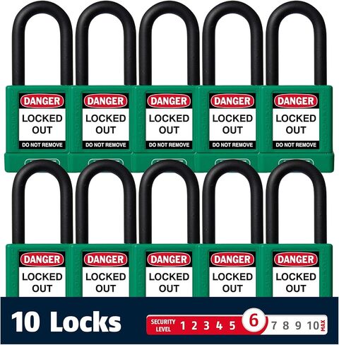 ABUS Blue Pack of 10 Lockout Tagout Premium Solid Body Safety Padlock Set - OSHA Compliant Loto Locks Insulated Against Electric Shock, Keyed Different, 1 Key Per Lock in Saudi Arabia
