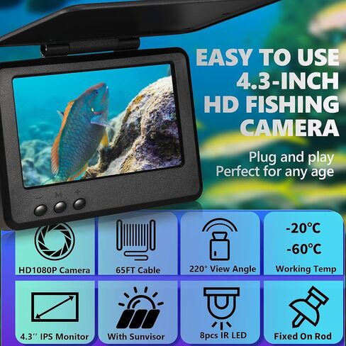 كاميرا الصيد تحت الماء HD1080P 4.3 بوصة IPS مع 5000 مللي أمبير في الساعة، [زعنفة زاوية 30 درجة ~ 150 درجة] كاميرا الصيد على الجليد تحت الماء هدية صيد الأسماك المحمولة تحت الماء للرجال، الأشعة تحت الحمراء، القوارب وصيد الأسماك، 65 قدمًا in Saudi Arabia