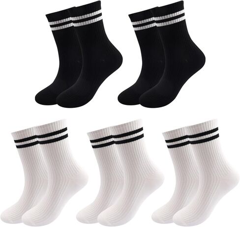 5 Pairs Retro Stripe Crew Socks, Chunky Ribbed Cotton Striped Socks with Giftbox in Saudi Arabia
