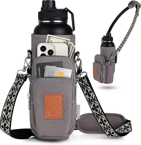 Water Bottle Bag with RFID Protection for Women - Crossbody Water Bottle Holder for Sports Moms with Adjustable Strap Fits 40 oz - Hands Free Carrier Purse for Hiking and Walking Grey in Saudi Arabia