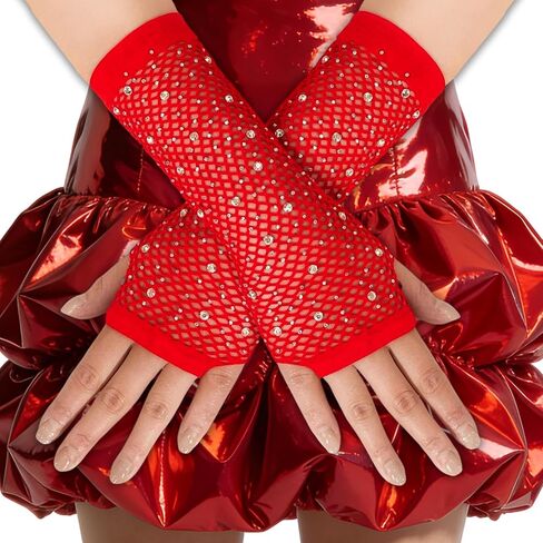 Long Rhinestone Fingerless Fishnet Gloves Small Size Steampunk Arm Sleeve Cosplay Party Costume for Women in Saudi Arabia