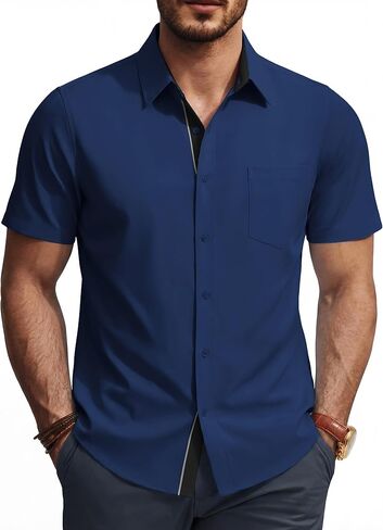 PJ PAUL JONES Mens Dress Shirt Short Sleeve Button Down Shirts Wrinkle-Free Business Casual Shirts with Pocket in Saudi Arabia