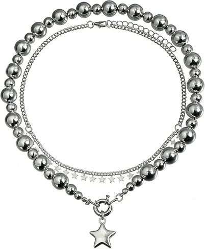 Silver Layered Star Choker Necklaces Delicate Ball Beaded Stackable Pentagram Chain Necklace for Women Classic Party Prom Jewelry Accessory in Saudi Arabia