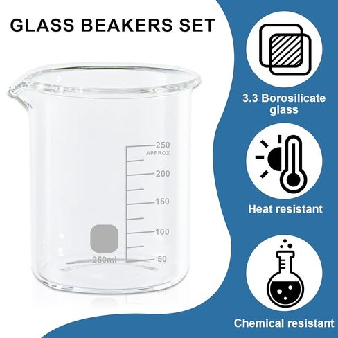Glass Measuring Beaker Set, 3.3 Borosilicate Beaker with Printed Graduation Lab Glassware, for Laboratories, Classrooms or Home - 50ml 100ml 250ml in Kuwait