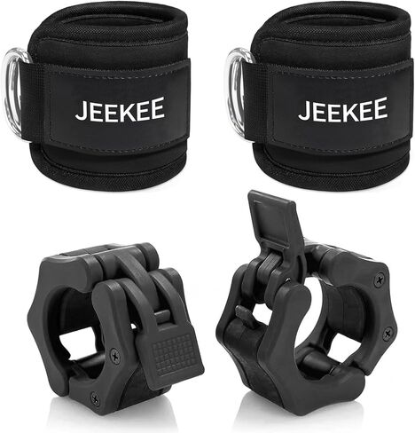 JEEKEE Olympic Barbell Clamps 2 بوصة سريعة الإصدار (زوج) + أشرطة الكاحل لآلة الكابلات (عبوتان)، ومشابك شريط الوزن ومجموعة أشرطة الساق من أجل ركلات الغلوت، وتمارين الصالة الرياضية المنزلية، أسود in Kuwait