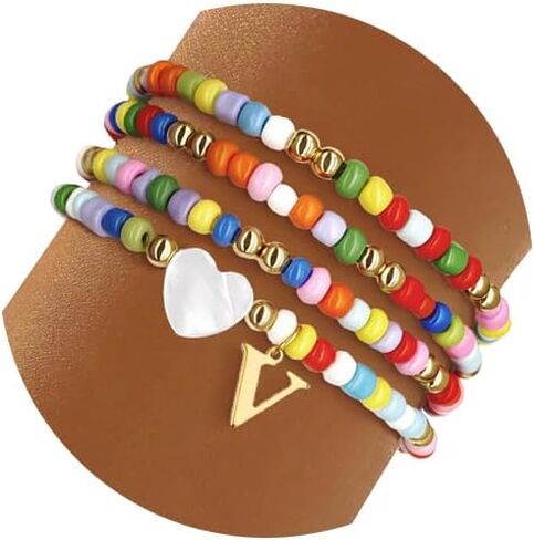 4PCS Colorful Initial Bracelets for Women Cute Beaded Heart Bohemian Initial A-Z Letter Bracelet Personalized Stackable Bracelets in Saudi Arabia