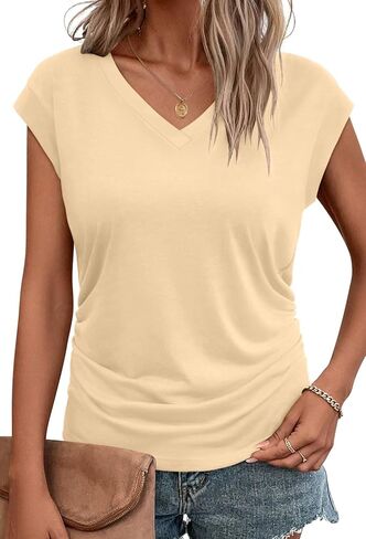 Bliwov المرأة الصيف بلايز الأعمال عادية كم كاب الخامس الرقبة تي شيرت العصرية ملابس الشاطئ عطلة الملابس بلوزات عصرية in Kuwait