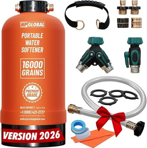 RV Water Softener Portable - 16,000 Grains, Test Strips Included, 3/4" GHT Fittings, Convenient Water Softener for RVs, Trailers, Boats, Mobile Car Washing, Pressure Washing in Saudi Arabia