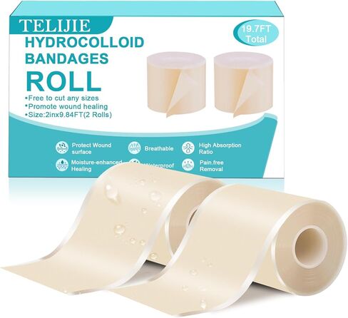 Hydrocolloid Roll for Wound Care, 19.7ft Large Medical Grade Hydrocolloid Roll with Self-Adhesive, Ultra Absorbent, Waterproof, Flexible, DIY Size First Aid Kit Essential (2in x 9.84ft, 2Rolls) in Saudi Arabia