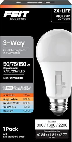 لمبة إضاءة LED كهربائية ثلاثية الاتجاهات A19 من Feit، ما يعادل 50/75/150 وات، 5CCT أبيض قابل للتعديل (2700K-5000K)، 1600 لومن، قابل للتعتيم، 25000 ساعة عمر، توفير الطاقة للمصابيح والتركيبات، OM50/150/5CCCTCA in Saudi Arabia
