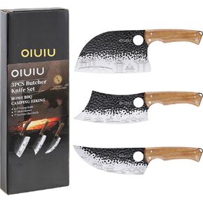 OLULU 3PCS Butcher Knife Set, 7" Butcher Meat Cleaver, 7" Serbian Chef Knife and 6.5" Viking Knife, Kitchen Knife Set with wood Handle, Great for Indoor & Outdoor (Unique Pattern) in Kuwait