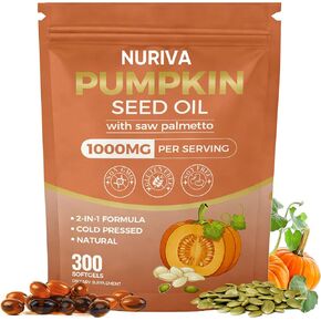 Nuriva Pumpkin Seed Oil with Saw Palmetto Capsules – 2-in-1 Formula, Cold-Pressed Virgin Oil, 300 Softgels | Essential Fatty Acids | Supports Hair Growth, Bladder & Prostate Health | Non-GMO(1 PACK) in Kuwait