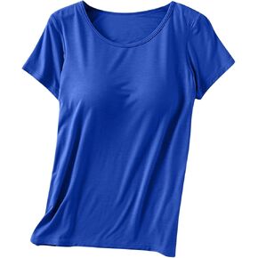 Short Sleeve Shirts for Women with Built-in Bra Padded Summer Loose Solid Cotton T Shirt Basic Crew Neck Tunic Blouse in Saudi Arabia