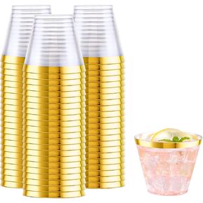 WELLIFE 200 PCS Gold Plastic Cups,9 oz Clear Plastic Cups,Disposable Wine Glasses,Plastic Cocktail Glasses for Party and Wedding in Kuwait