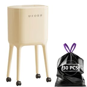 High-Legged Trash Can with Lid, 4 Gallon Modern Small Garbage Bin with Wheels, Removable Inner Bucket, Beige, Includes 30 Garbage Bags in Kuwait