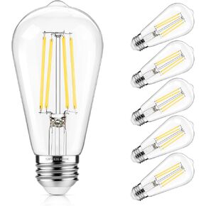 ASOMST Vintage LED Edison Bulbs 5000K Daylight White, 60W Equivalent ST58 Dimmable Filament Light Bulb, 850 Lumens, E26 Base, Energy-Saving LED Edison Lights, Pack of 6 in Saudi Arabia