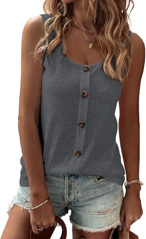 SHEWIN Womens Tank Tops Solid Button Crewneck Sleeveless Summer Tops Loose Fit in Saudi Arabia