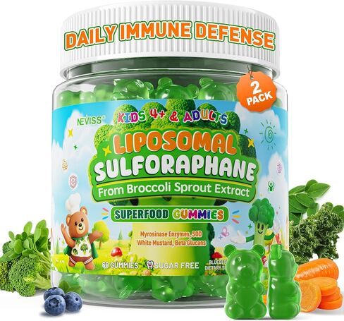 Liposomal Sulforaphane Gummies from Organic Broccoli Sprouts with Superfood, Beta Glucans, Myrosinase, White Mustard For Kids 4+ & Adults Immune, Cell Health, Antioxidants, Vegan, Sugar Free, 120cts in Saudi Arabia