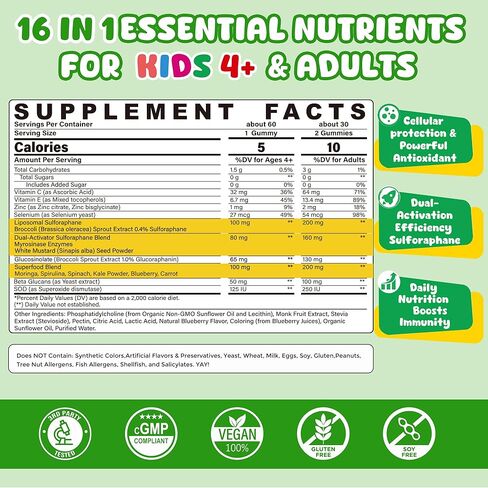 Liposomal Sulforaphane Gummies from Organic Broccoli Sprouts with Superfood, Beta Glucans, Myrosinase, White Mustard For Kids 4+ & Adults Immune, Cell Health, Antioxidants, Vegan, Sugar Free, 120cts in Saudi Arabia