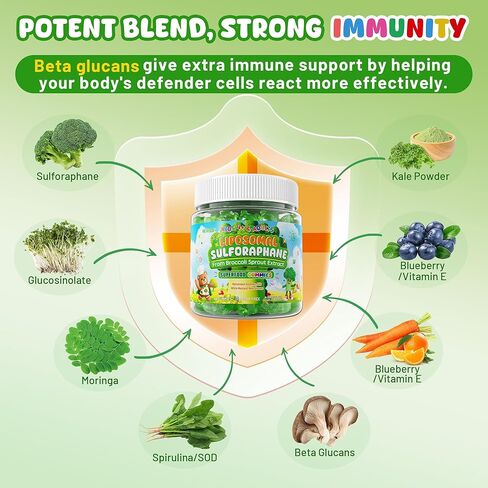 Liposomal Sulforaphane Gummies from Organic Broccoli Sprouts with Superfood, Beta Glucans, Myrosinase, White Mustard For Kids 4+ & Adults Immune, Cell Health, Antioxidants, Vegan, Sugar Free, 120cts in Saudi Arabia