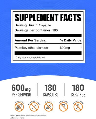 BulkSupplements.com Palmitoylethanolamide Capsules - Pea Supplement, Palmitoylethanolamide 600mg for Immmune Support - Gluten Free, 1 Capsule per Serving, 180 Capsules (Pack of 1) in Saudi Arabia
