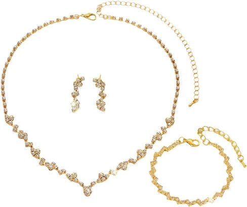 Sparkly Crystal Statement Jewelry Set for Women,14K Gold Rhinestone Drop Earrings Choker Collar Necklace Bracelet Formal Evening Dress Accessories in Saudi Arabia