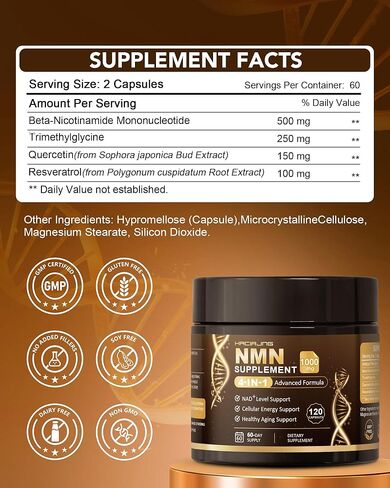 NMN Supplement, 4-in-1 Liposomal NMN 1000mg with Resveratrol, TMG & Quercetin, Supports Cellular Energy & NAD+ Level, NMNH Alternative ＆ NAD+ Supplement Precursor for Men & Women in Saudi Arabia
