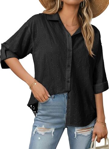 Dokotoo Womens Summer Tops Casual Button Down Long Sleeve Shirts for Women Loose Soft Cotton Hollow Out Blouses in Saudi Arabia