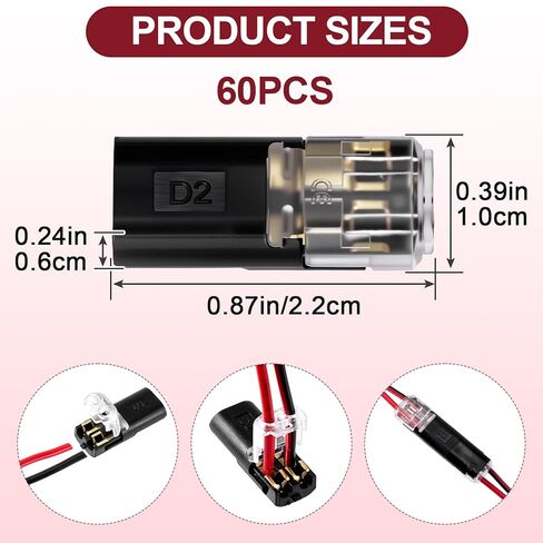 OIIKI 60pcs Quick Clip Double Wire Connector, Low-Voltage Plug-in Wire Connectors with Locking Buckle, 2 Pin Quick Clip Fasteners Snap on Blocks for 18-22AWG Cable DIY Crafts LED Strips- Black in Saudi Arabia