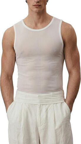 Mens Mesh Tank Top See Through Sleeveless Shirt Workout Muscle Gym Vest Fishnet Net Undershirt in Saudi Arabia