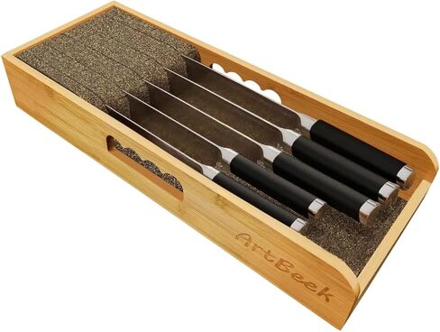 ArtBeek سكين درج منظم الخيزران إدراج قفص الاتهام، 15 بوصة المطبخ شريحة لحم السكاكين حامل المنظمون كتلة للدرج في منظمة التخزين in Kuwait