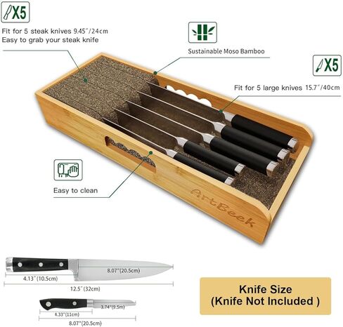 ArtBeek سكين درج منظم الخيزران إدراج قفص الاتهام، 15 بوصة المطبخ شريحة لحم السكاكين حامل المنظمون كتلة للدرج في منظمة التخزين in Kuwait