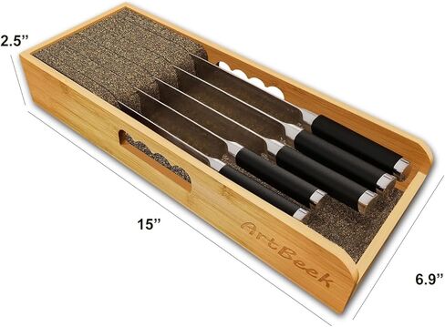 ArtBeek سكين درج منظم الخيزران إدراج قفص الاتهام، 15 بوصة المطبخ شريحة لحم السكاكين حامل المنظمون كتلة للدرج في منظمة التخزين in Kuwait