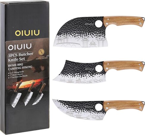 OLULU 3PCS Butcher Knife Set, 7" Butcher Meat Cleaver, 7" Serbian Chef Knife and 6.5" Viking Knife, Kitchen Knife Set with wood Handle, Great for Indoor & Outdoor (Unique Pattern) in Kuwait
