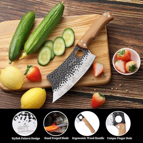 OLULU 3PCS Butcher Knife Set, 7" Butcher Meat Cleaver, 7" Serbian Chef Knife and 6.5" Viking Knife, Kitchen Knife Set with wood Handle, Great for Indoor & Outdoor (Unique Pattern) in Kuwait