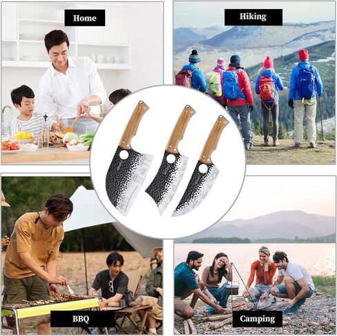 OLULU 3PCS Butcher Knife Set, 7" Butcher Meat Cleaver, 7" Serbian Chef Knife and 6.5" Viking Knife, Kitchen Knife Set with wood Handle, Great for Indoor & Outdoor (Unique Pattern) in Kuwait