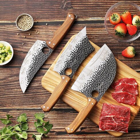 OLULU 3PCS Butcher Knife Set, 7" Butcher Meat Cleaver, 7" Serbian Chef Knife and 6.5" Viking Knife, Kitchen Knife Set with wood Handle, Great for Indoor & Outdoor (Unique Pattern) in Kuwait