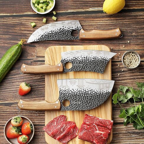 OLULU 3PCS Butcher Knife Set, 7" Butcher Meat Cleaver, 7" Serbian Chef Knife and 6.5" Viking Knife, Kitchen Knife Set with wood Handle, Great for Indoor & Outdoor (Unique Pattern) in Kuwait