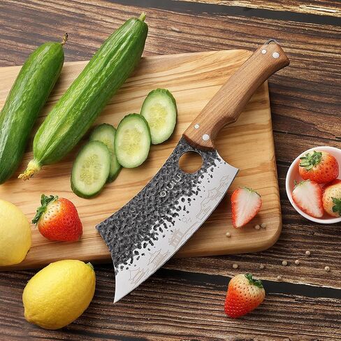 OLULU 3PCS Butcher Knife Set, 7" Butcher Meat Cleaver, 7" Serbian Chef Knife and 6.5" Viking Knife, Kitchen Knife Set with wood Handle, Great for Indoor & Outdoor (Unique Pattern) in Kuwait