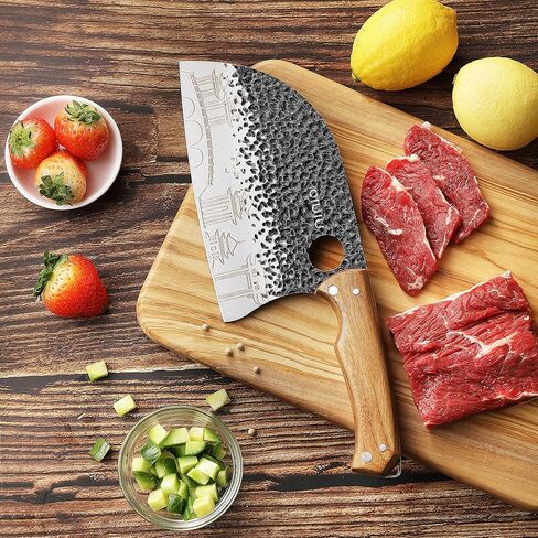 OLULU 3PCS Butcher Knife Set, 7" Butcher Meat Cleaver, 7" Serbian Chef Knife and 6.5" Viking Knife, Kitchen Knife Set with wood Handle, Great for Indoor & Outdoor (Unique Pattern) in Kuwait