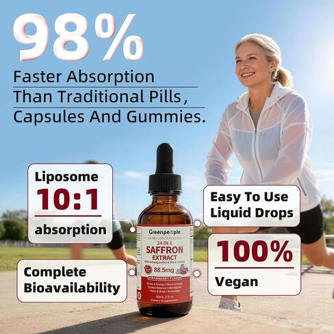 غرين بيبول مستخلص الزعفران - 24 في 1 88.5 ملغ من مستخلص الزعفران مع أشواغاندا، والكوهوش الأسود وعرف الأسد للمزاج والتركيز، وتخفيف التوتر، وتقليل الكورتيزول، وانقطاع الطمث - نباتي 2 أونصة سائلة in Kuwait