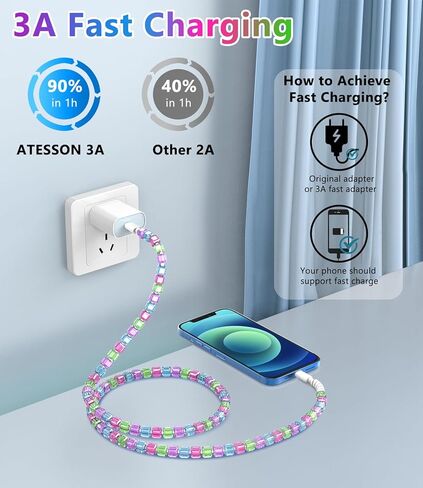 Atesson لشاحن iPhone Charger Cord 3.3ft Cable Charger Charger من أجل iPhone 14/13/12/11 Pro Max 60W شحن سريع USB كابل لـ iPad 9/8/7th Girly Cute Car Association for Women Girls in Kuwait