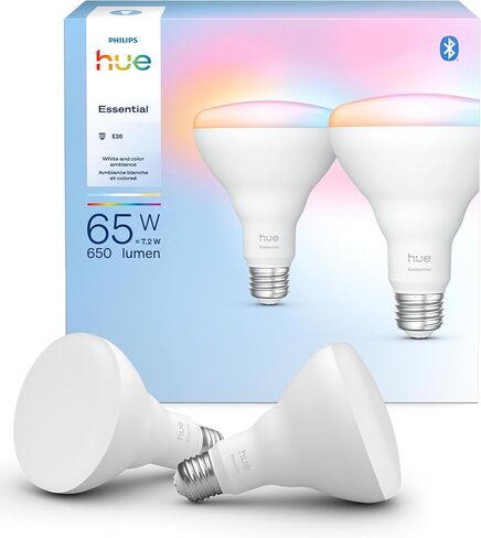 لمبة Philips Hue Essential Smart LED BR30، عبوة من قطعتين، أبيض وأجواء ملونة، E26، 7.2 واط، 2200K-6500K، 650 لومن، قابلة للتعتيم، تعمل مع Alexa، Google Assistant، Apple Home in Kuwait