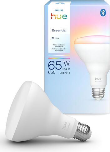 لمبة Philips Hue Essential Smart LED BR30، عبوة من قطعتين، أبيض وأجواء ملونة، E26، 7.2 واط، 2200K-6500K، 650 لومن، قابلة للتعتيم، تعمل مع Alexa، Google Assistant، Apple Home in Saudi Arabia