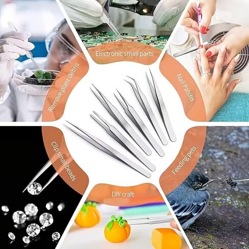مجموعة ملاقط من الفولاذ المقاوم للصدأ مكونة من 6 قطع - أطراف مستقيمة ومنحنية للاستخدام المنزلي وإصلاح الهواتف المحمولة والاستخدام الصناعي - مقاومة للكهرباء الساكنة، هيكل معدني متين، فضي in Saudi Arabia