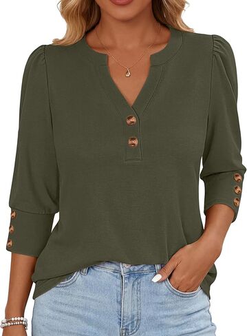 ANRABESS Womens Tops 3/4 Sleeve Casual Henley Shirts V Neck Buttons Dressy Work Business Blouses 2026 Spring Trendy Clothes in Saudi Arabia