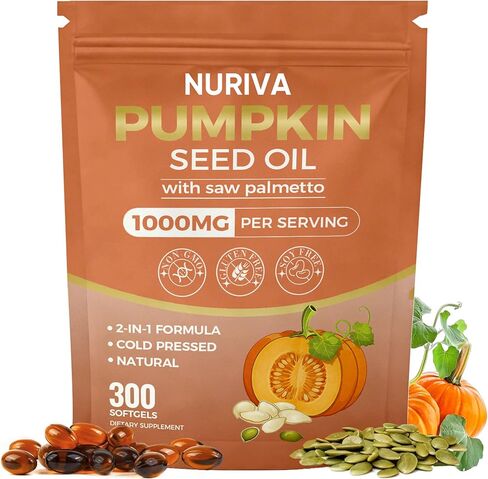 Nuriva Pumpkin Seed Oil with Saw Palmetto Capsules – 2-in-1 Formula, Cold-Pressed Virgin Oil, 300 Softgels | Essential Fatty Acids | Supports Hair Growth, Bladder & Prostate Health | Non-GMO(1 PACK) in Kuwait