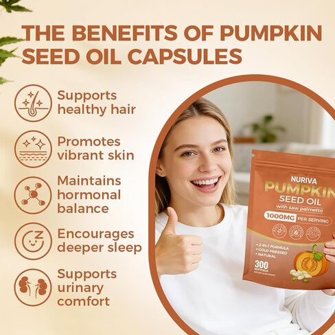 Nuriva Pumpkin Seed Oil with Saw Palmetto Capsules – 2-in-1 Formula, Cold-Pressed Virgin Oil, 300 Softgels | Essential Fatty Acids | Supports Hair Growth, Bladder & Prostate Health | Non-GMO(1 PACK) in Kuwait